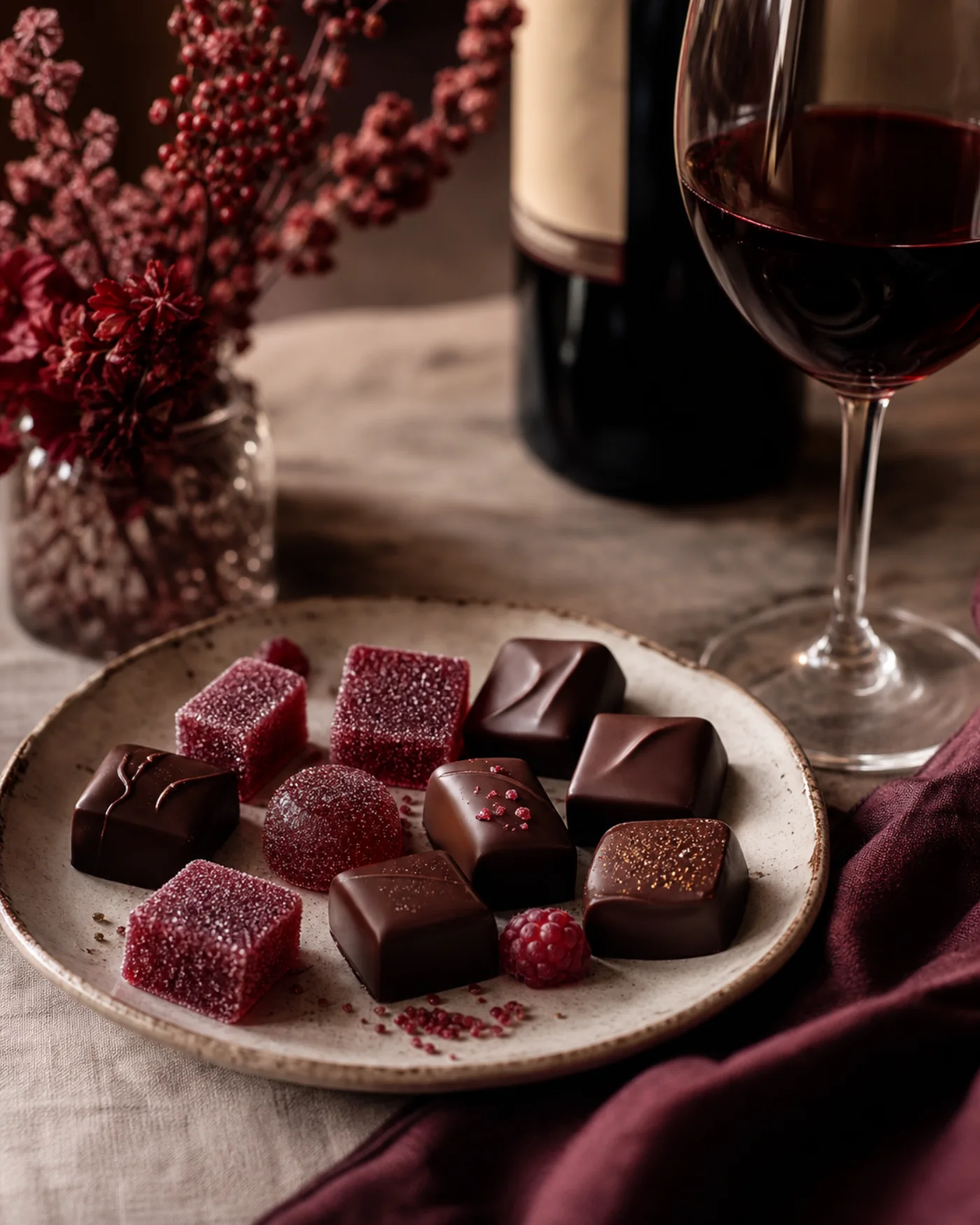 Chocolats noirs et pâtes de fruits accompagnés d’un verre de vin rouge