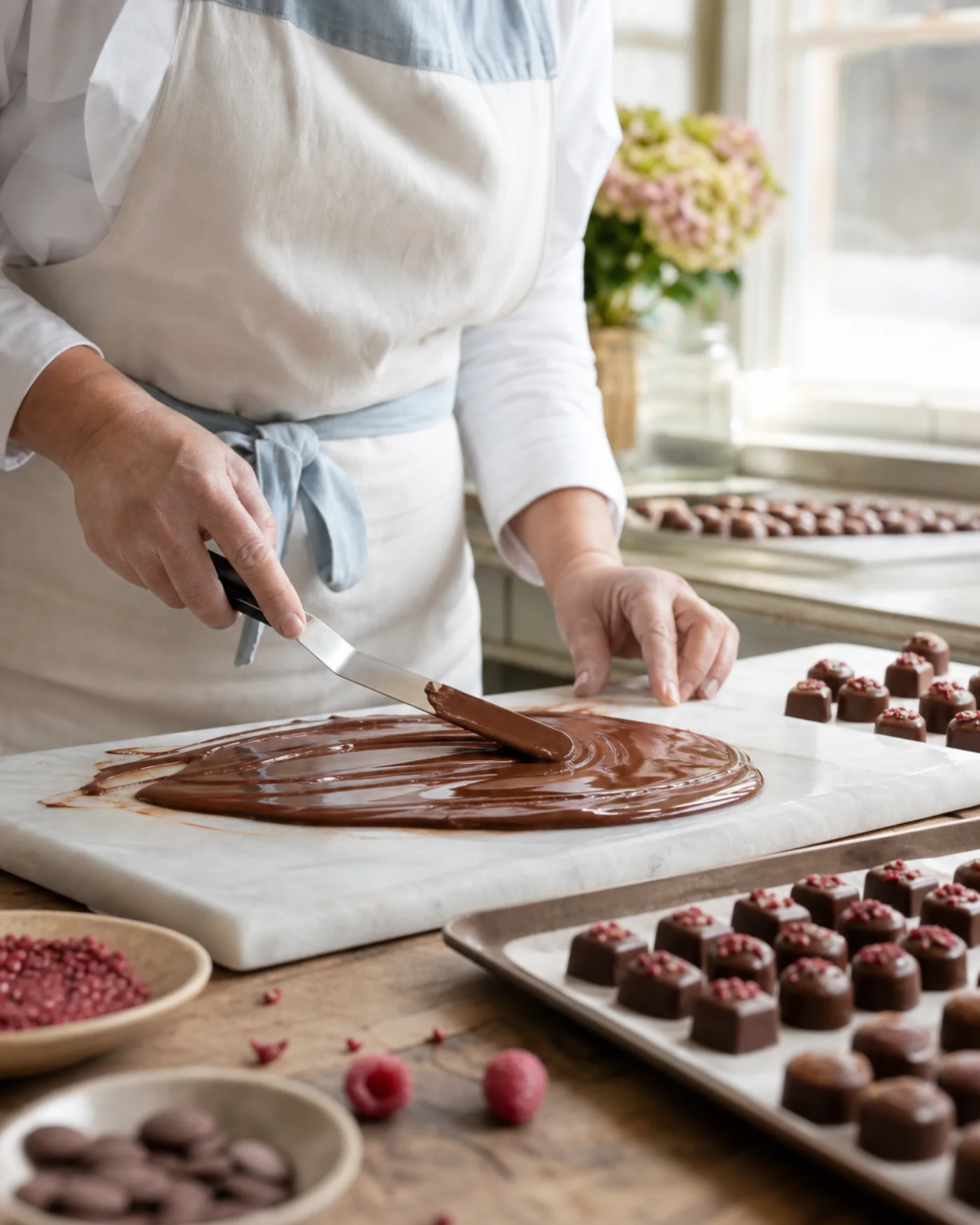 Chocolatière tempérant le chocolat et préparant des pralines artisanales