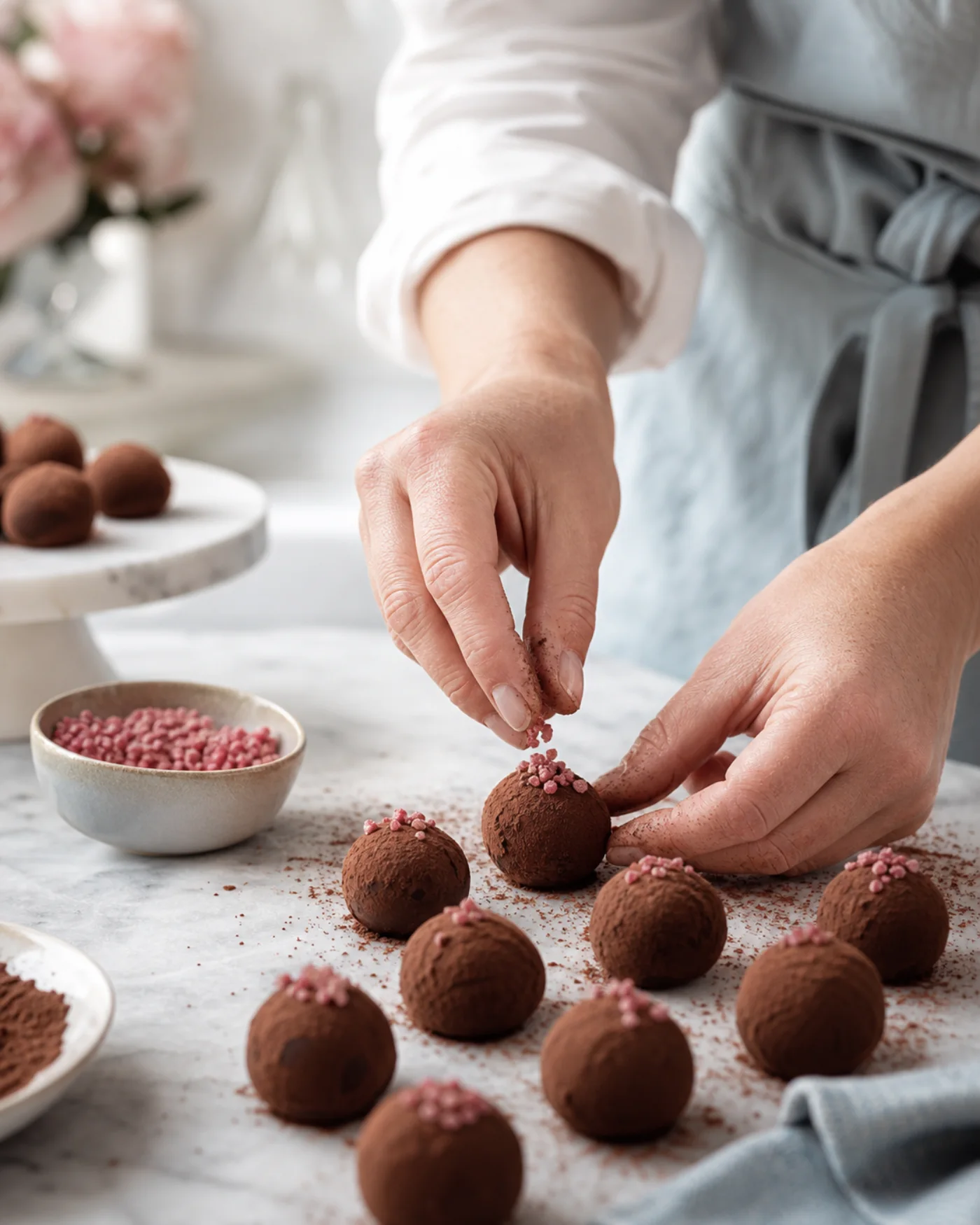 Artisane déposant des éclats de praline rose sur des truffes au chocolat