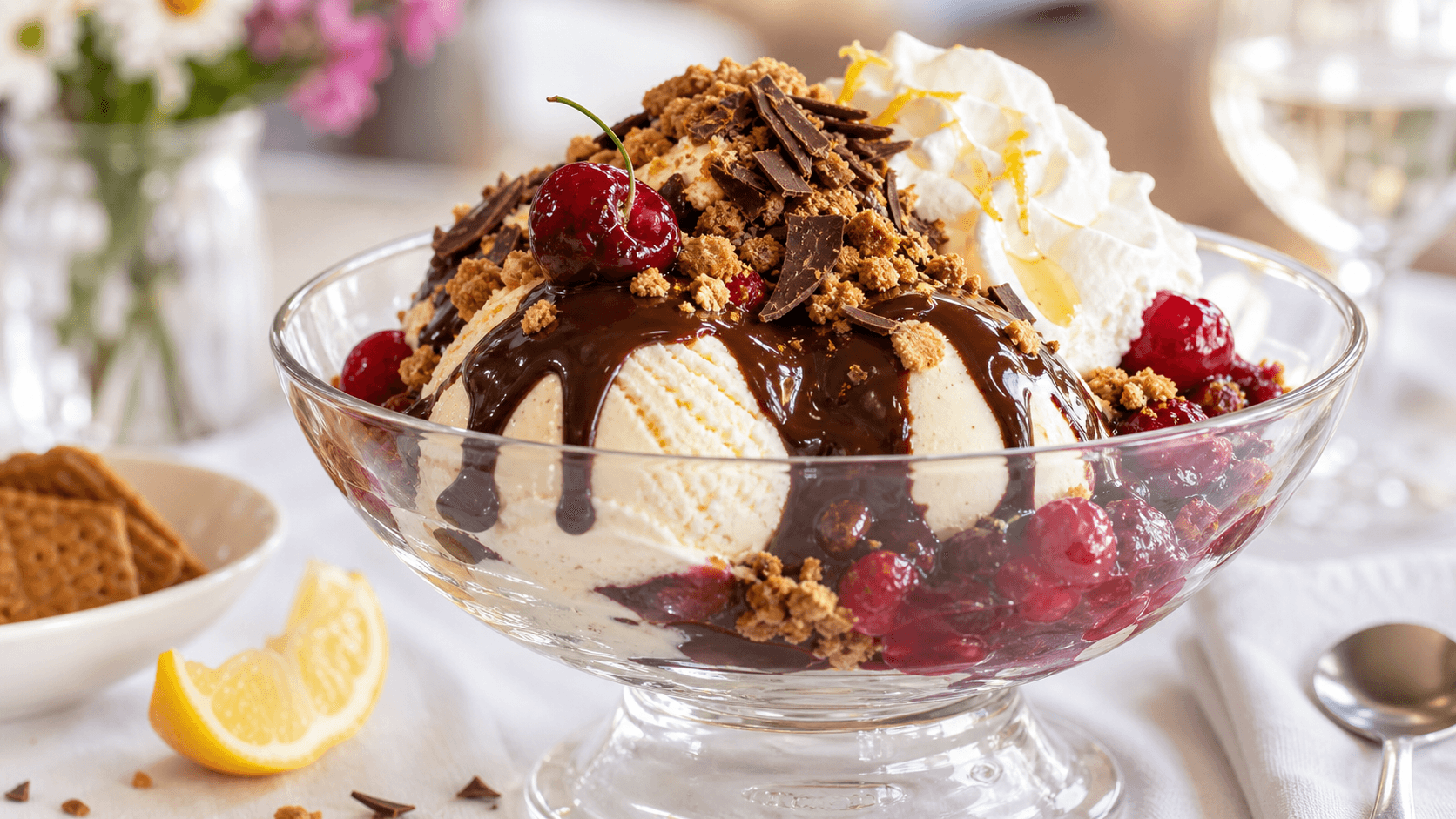 Coupe dame blanche avec boules de glace vanille, sauce au chocolat chaud et crème chantilly