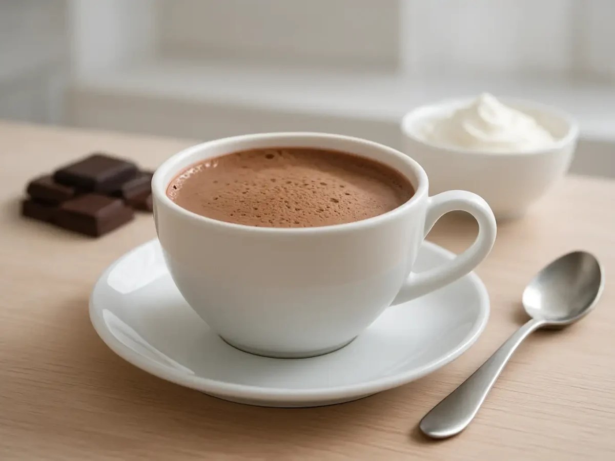 Tasse de chocolat chaud maison onctueux garnie de copeaux de chocolat