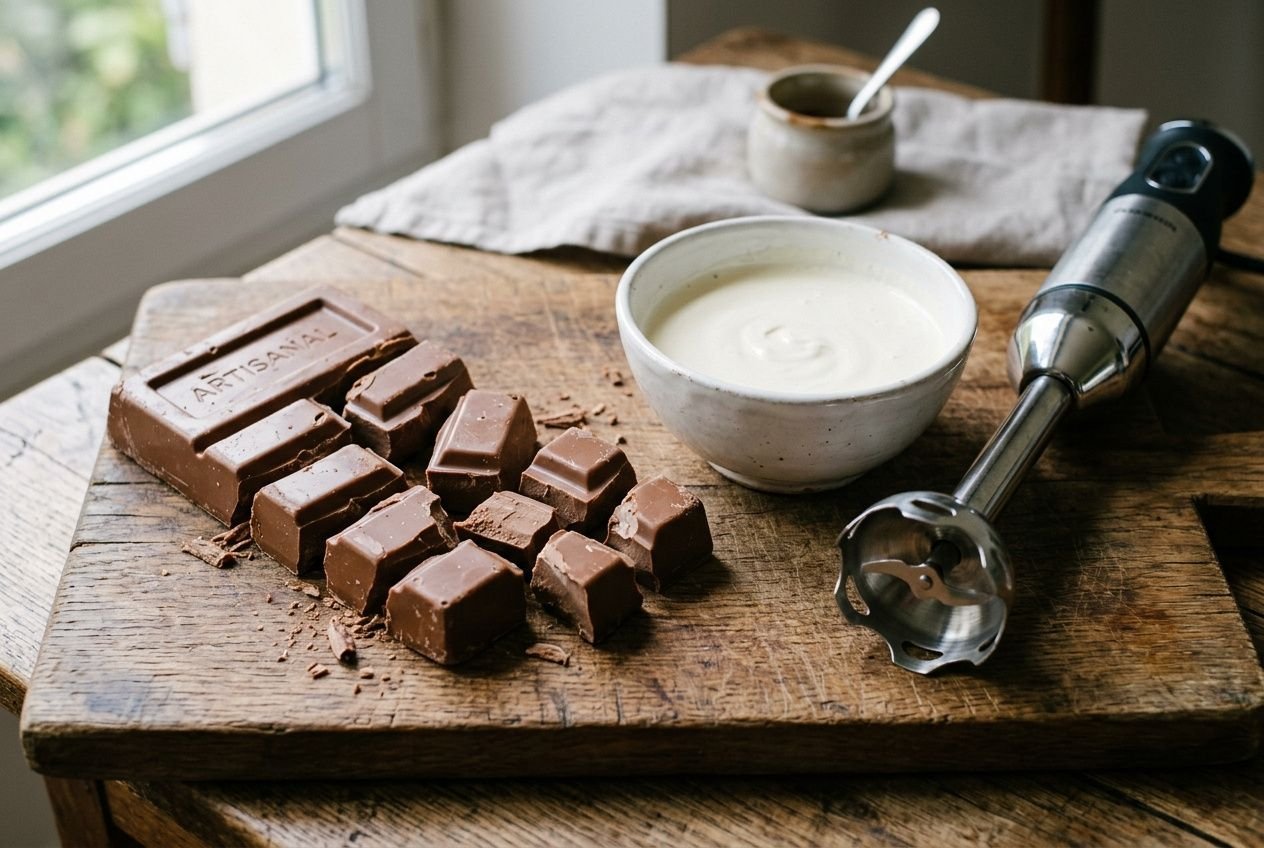 Ganache au chocolat lisse et brillante dans un bol, prête à être versée