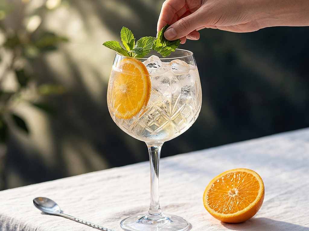 Saint Germain Spritz servi dans un verre ballon avec glace, citron et fleurs comestibles