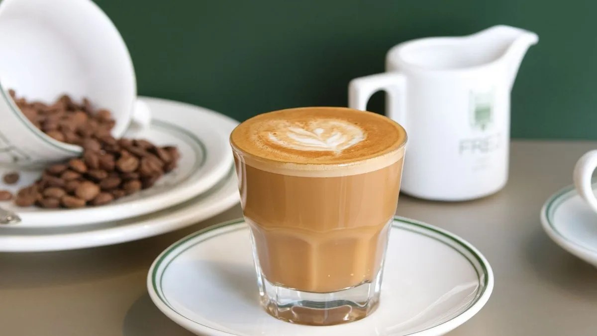 Café noisette dans une petite tasse avec une touche de lait chaud