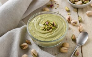 Pot de crème de pistache maison garni de pistaches concassées
