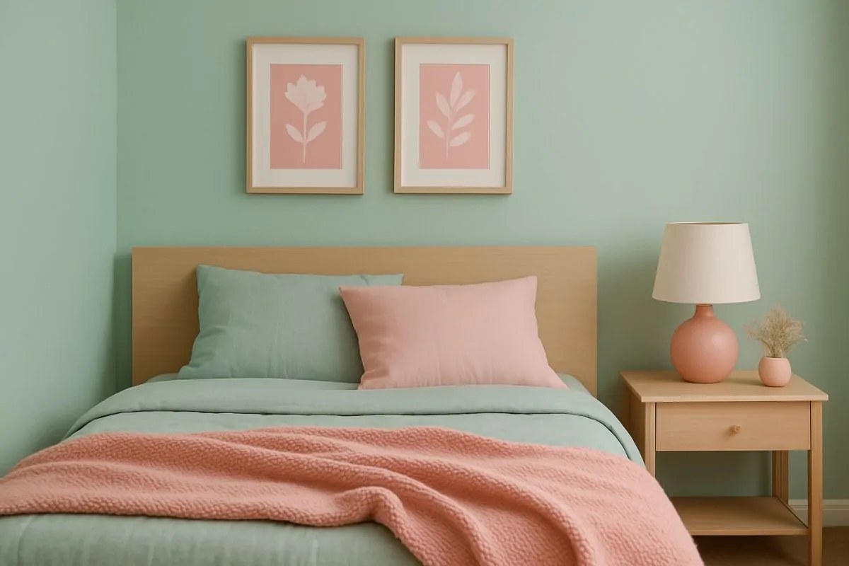 Nuancier montrant la couleur complémentaire du vert d'eau, un rose poudré, appliquée à des bonbons assortis