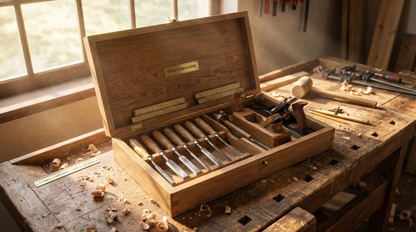 Outils du menuisier posés sur un établi en bois