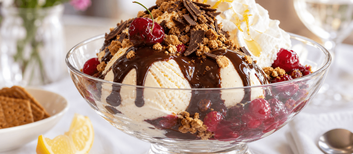 Coupe dame blanche avec boules de glace vanille, sauce au chocolat chaud et crème chantilly