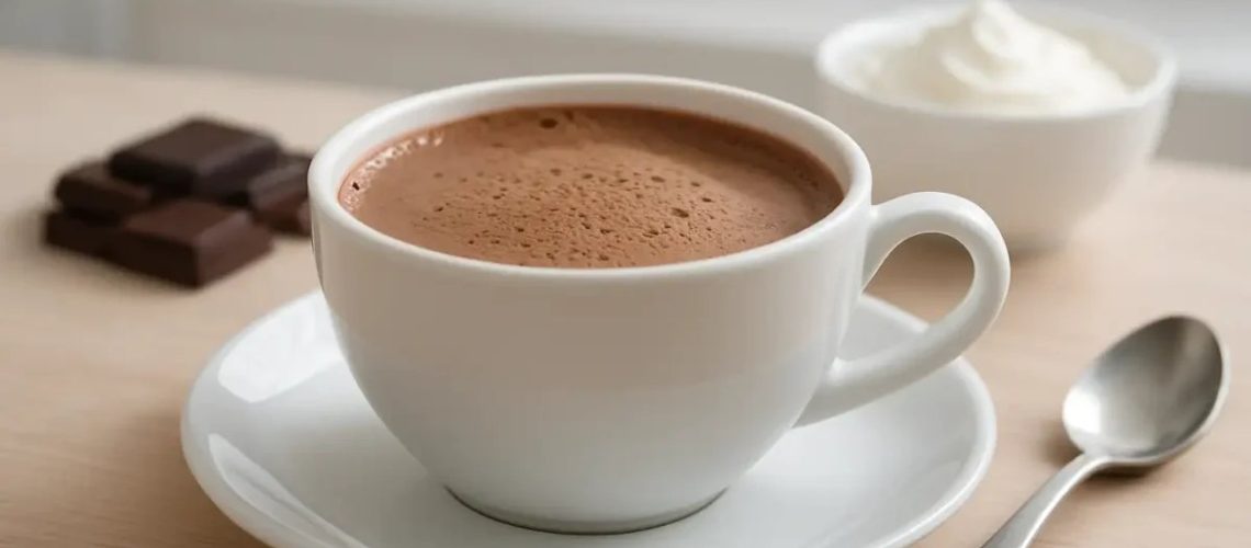 Tasse de chocolat chaud maison onctueux garnie de copeaux de chocolat