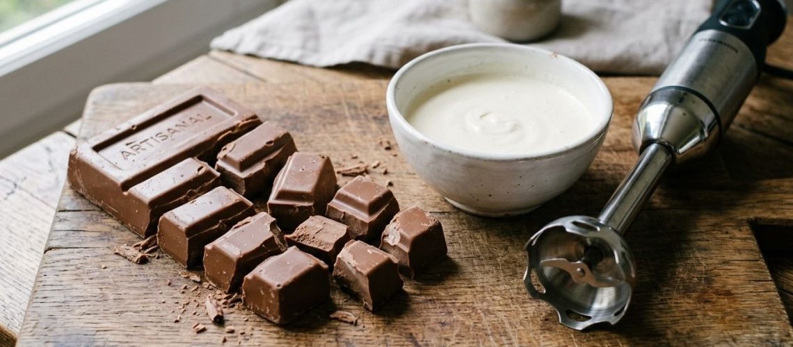 Ganache au chocolat lisse et brillante dans un bol, prête à être versée
