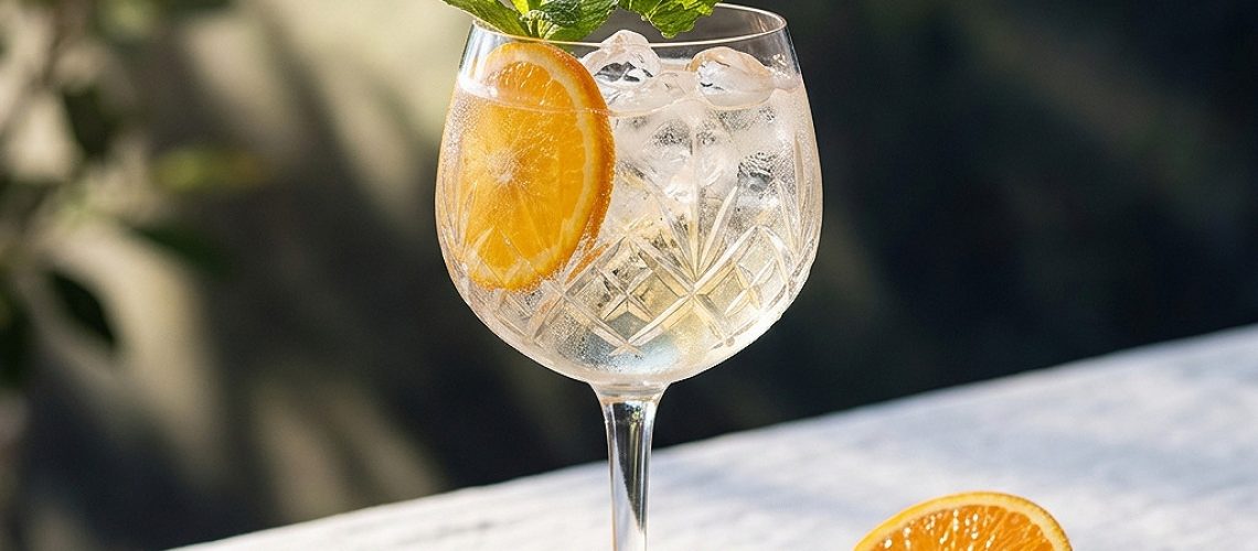 Saint Germain Spritz servi dans un verre ballon avec glace, citron et fleurs comestibles