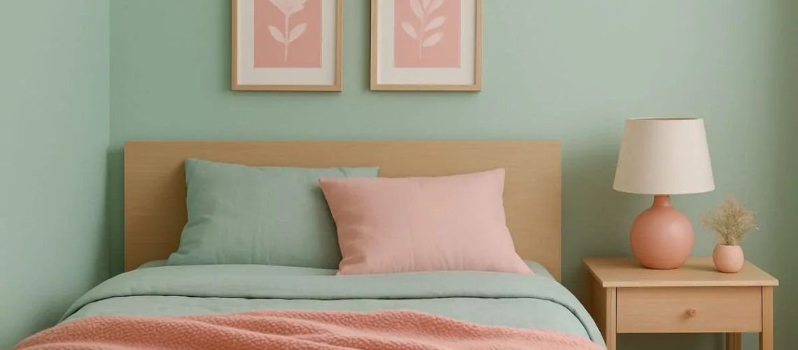 Nuancier montrant la couleur complémentaire du vert d'eau, un rose poudré, appliquée à des bonbons assortis