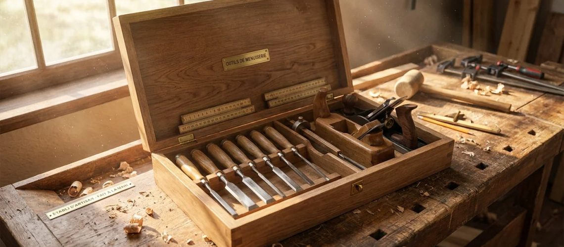 Outils du menuisier posés sur un établi en bois